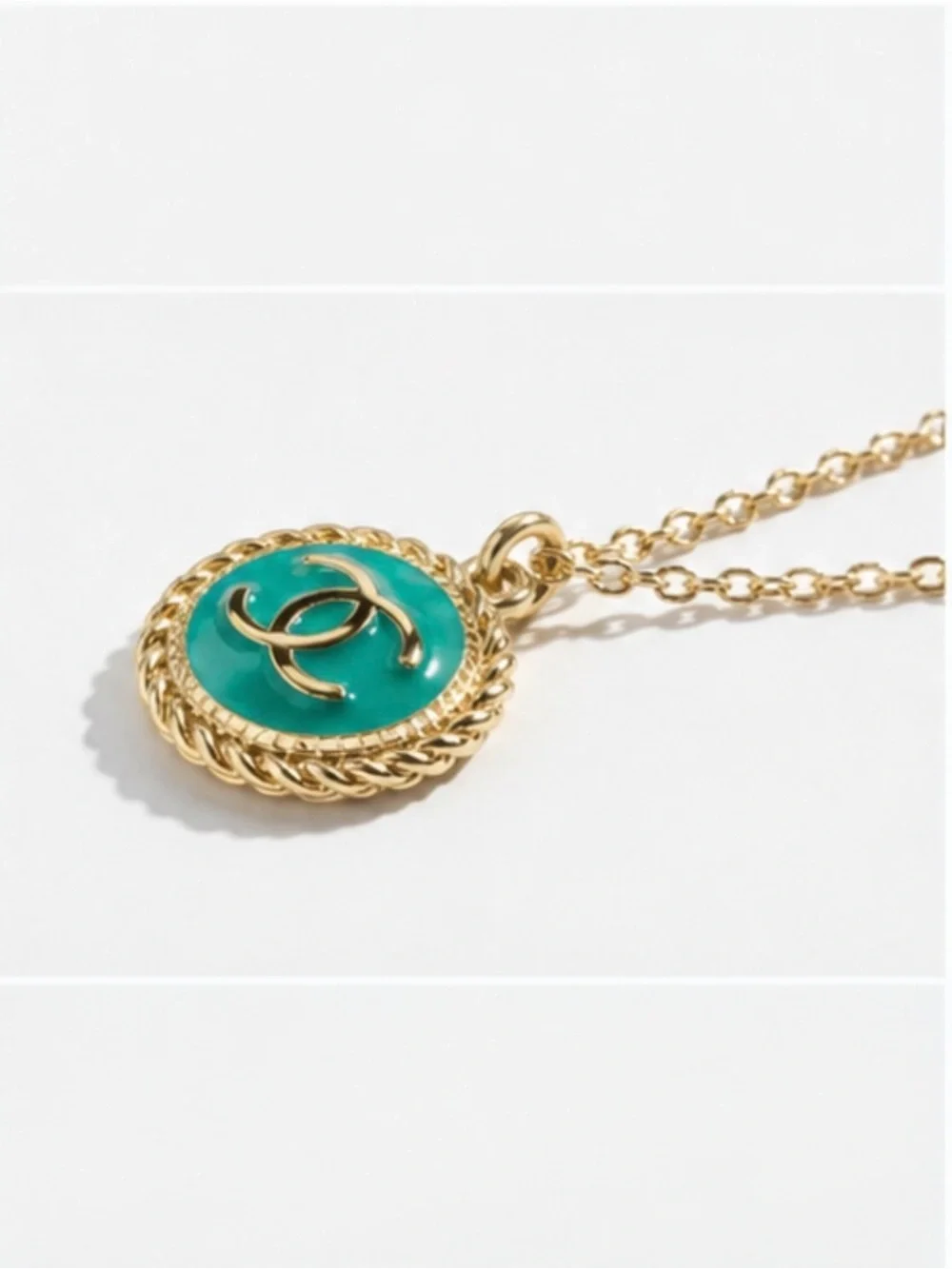 Authentic CHANEL Gold Turquoise Enamel Logo Necklace Pendant - Picture 3 of 11